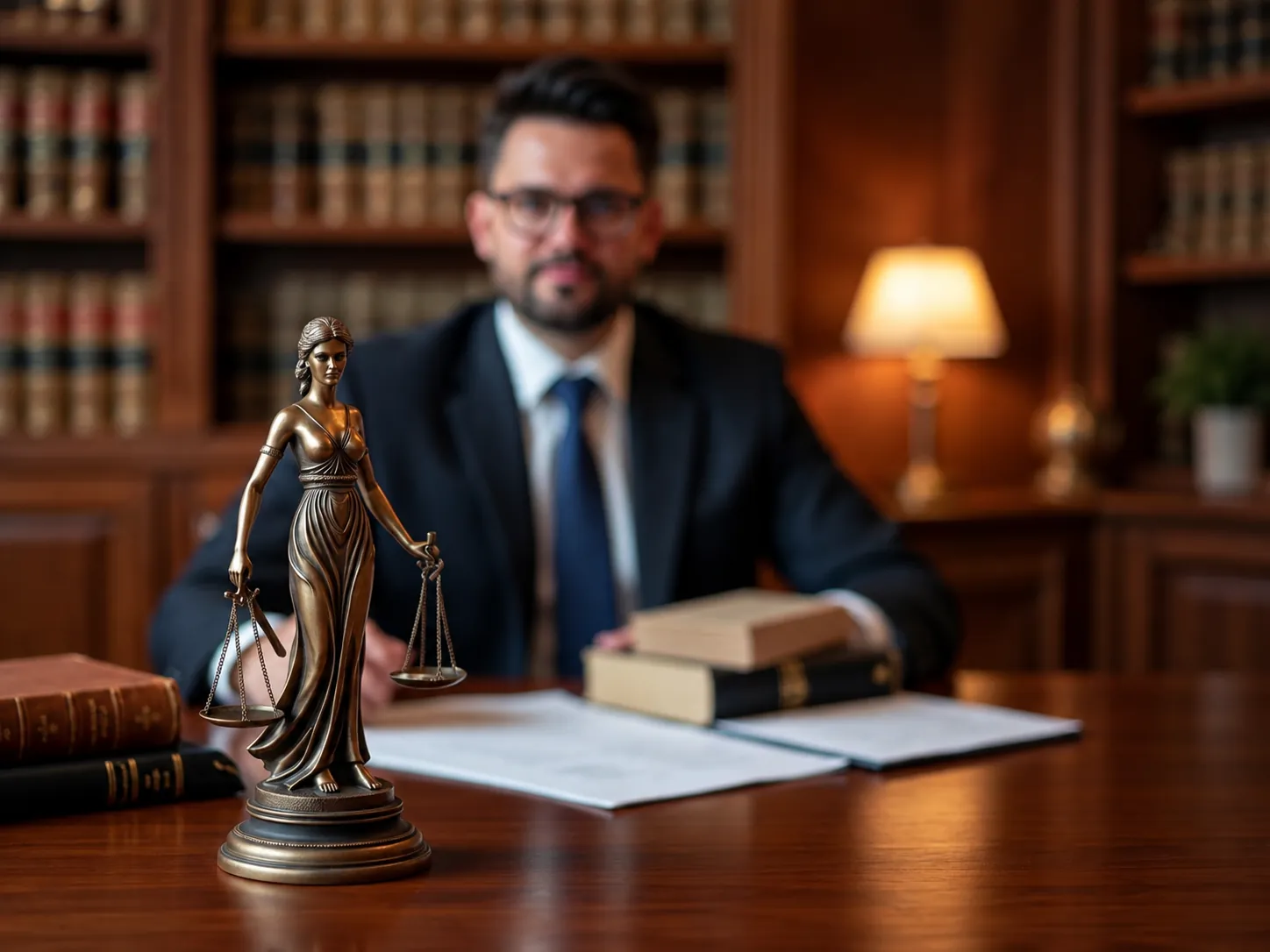 Estátua da Justiça em primeiro plano, com Rafael desfocado ao fundo